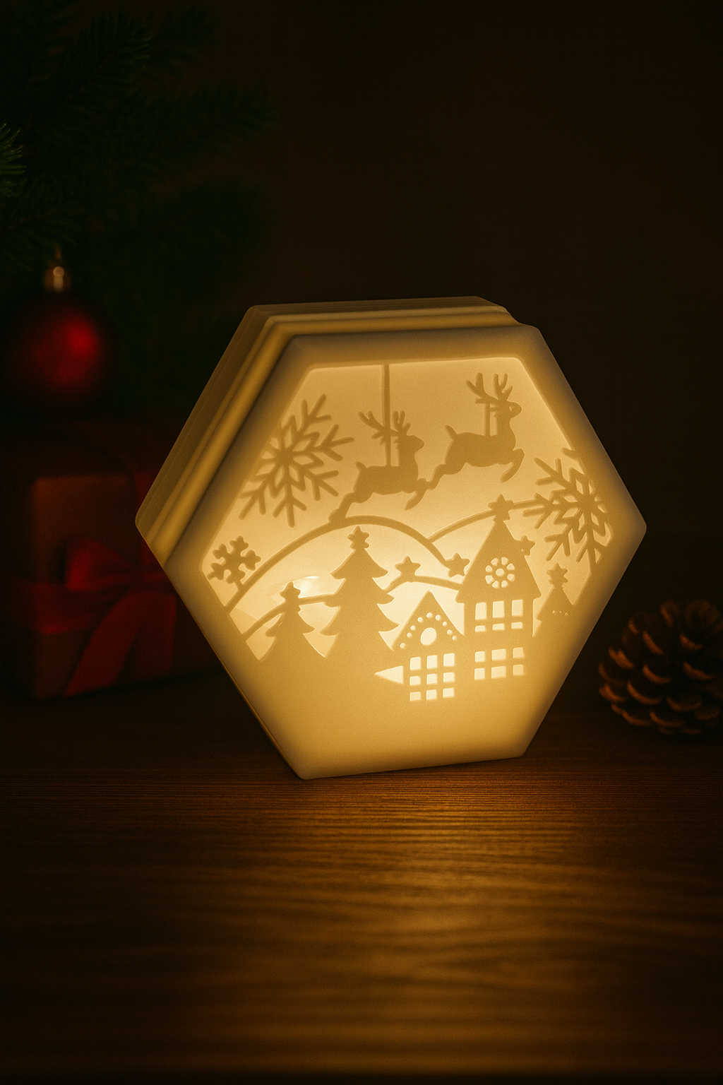 Hexagon Christmas Lamp | Winter Village Light | Festive Cozy Decor