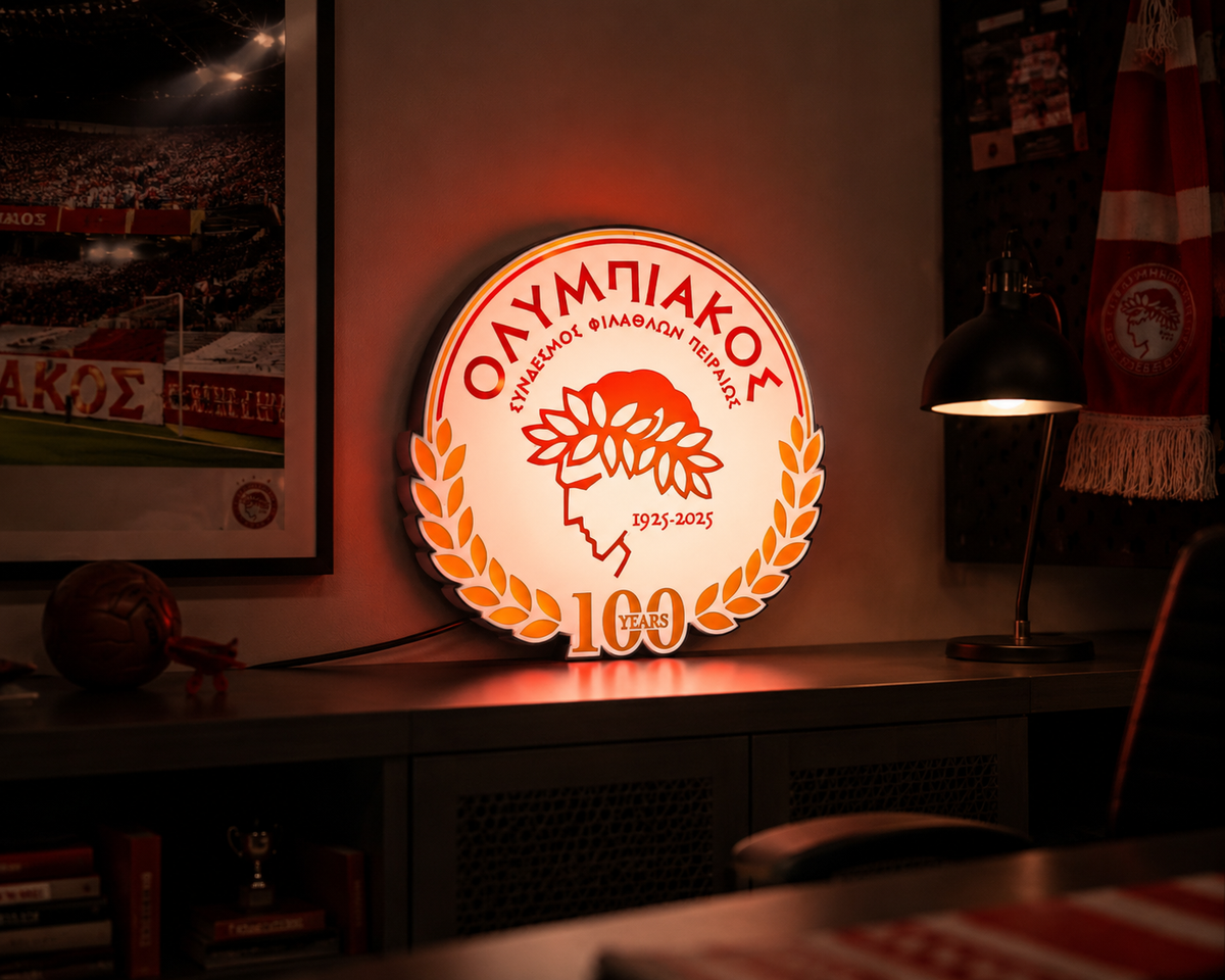 Olympiacos 100 Years LED Light – Συλλεκτικό Φωτιζόμενο Διακοσμητικό Ολυμπιακού | Olympiacos Anniversary Light